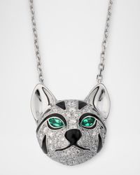 18K White Gold Fuzzy, the Leopard Pendant Necklace with Diamonds and Emeralds