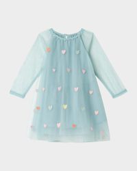 Girl's Embroidered Hearts Frill-Sleeve Tulle Dress, Size 6M-36M