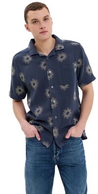 Far Afield Stachio Sol Embroidery Camp Shirt Navy Iris XL