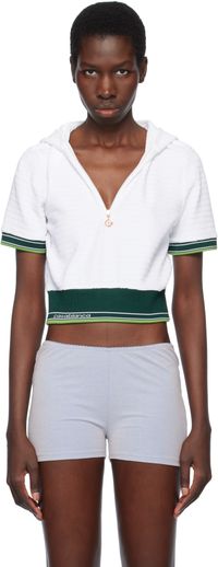 Casablanca White Textured Velour Tennis Cropped Hooded T-shirt