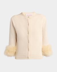 Feather-Cuff Crewneck Cardigan