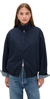 Pixie Market Plaid Contrast Bomber Jacket Navy One Size