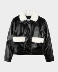 Girl's Faux Leather Bomber Jacket with Teddy Trim, Size 4-6
