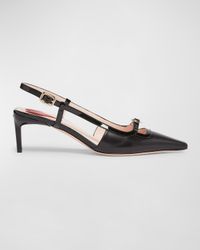 Mixed Leather Mini Buckle Slingback Pumps