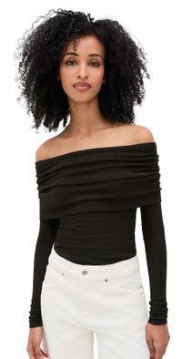 Enza Costa Silk Rib Off-Shoulder Top Coffee Bean XL