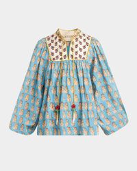 Beaded Pinstripe Floral-Print Blouse