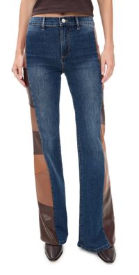 alice + olivia Faux Leather Patchwork Wide Leg Flare Jeans Darby Vintage Blue/Toffee 26
