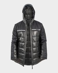 Men's Hybrid Leather Hooded Bomber Jacket
