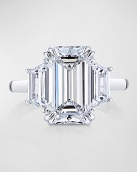 Platinum 3 Stone Ring with White Diamond Emerald Cut Center and White Diamond Trapezoid Cut Sides, Size 6.5, 11.98tcw
