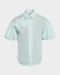 Flower Applique Silk Puff-Sleeve Shirt