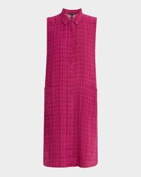 Crinkled Plaid Organic Linen Shift Shirtdress