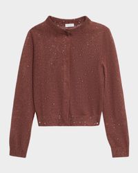 Linen-Silk Pailette Knit Crewneck Snap Cardigan
