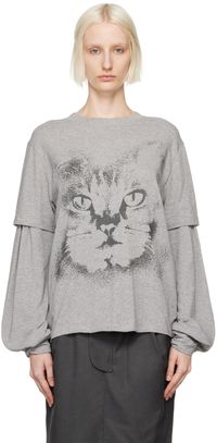 OPEN YY Gray Layered Cat Long Sleeve T-shirt