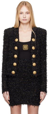 Balmain Blouson noir en tweed à boutons décoratifs