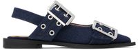 GANNI Navy Denim Feminine Buckle Ballerina Flats