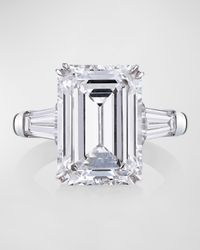 Platinum 3 Stone Diamond Ring with White Emerald Cut Center and Tapered Baguette Sides, Size 6.5, 16.72tcw