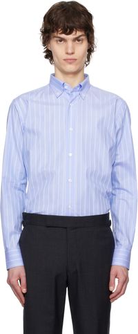 Brioni Blue & White Cotton Textured Stripe Shirt