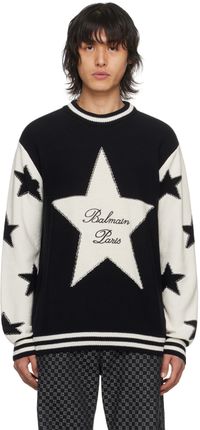 Balmain Pull noir et blanc à images en tricot jacquard
