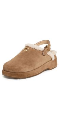Coach Sculpted C Suede Shearling Platform Clogs Coconut/Natural 8