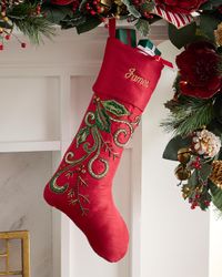 Beaded Holly Leaves Classic Christmas Stocking, Personalized
