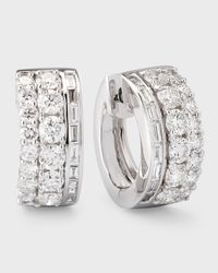 18K White Gold Round and Baguette Diamond Huggie Earrings