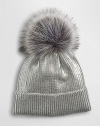 Metallic Ribbed Beanie with Faux Fur Pom