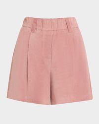 Pleated Suede Pull-On Shorts