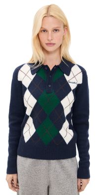 Sporty & Rich Serif Logo Argyle Cashmere Polo Dark Navy XS