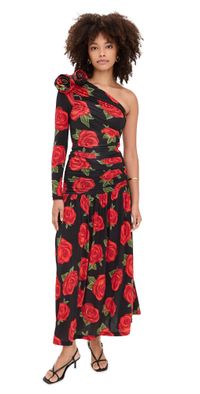 FARM Rio Latin Roses One Shoulder Midi Dress Latin Roses Black XL
