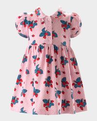 Girl's Strawberry Jersey Puff-Sleeve Dress, Size 6M-24M