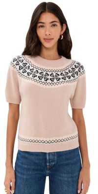FRAME The Short Sleeve Cashmere Fair Isle Sweater Pink Sand L