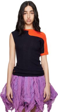 Kiko Kostadinov Navy & Orange Nomas Asymmetric Knit Raglan Sweater