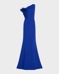 One-Shoulder Floral Applique Crepe Mermaid Gown