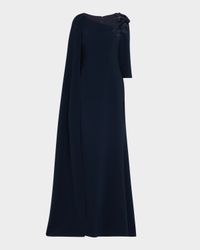 Cape-Sleeve Floral Applique Trumpet Gown