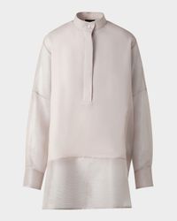 Mixed-Media Linen Toile Striped Organza Tunic Blouse