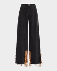 Leather Basketweave Inset Wide-Leg Jeans