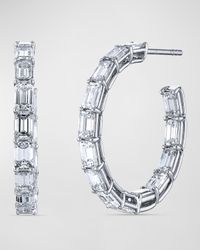 18K Gold North South Emerald Cut Diamond Hoop Earrings, 6.0tcw/1"L
