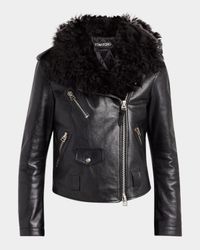 Curly Sheep Shearling Collar Leather Biker Jacket