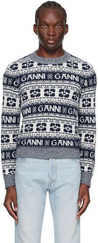 GANNI Pull bleu marine et blanc à col ras du cou