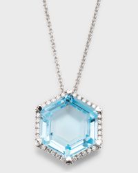 Rocks 18K White Gold Blue Topaz Hexagon and Diamond Halo Pendant Necklace