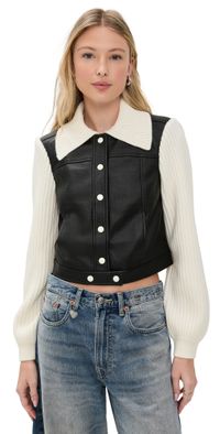 Cinq à Sept Faux Leather Knit Sleeve Ciara Jacket Black/Ivory XL