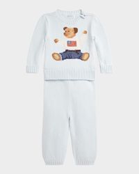 Boy's Flag Bear Intarsia Knit Sweater and Pants Set, Size 3M-24M