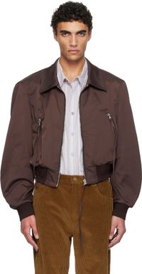 RECTO Brown Zipper Details Structured Tim Bomber Jacket