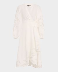 Sigal Embroidered Lace-Inset Midi Wrap Dress