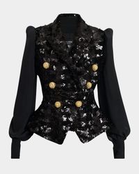 Sequined Double-Breasted Blazer with Muslin Sleeves