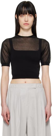 AMOMENTO Black Sheer Cropped Knit Sweater