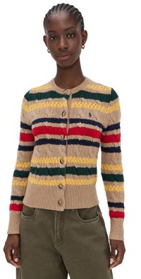 Polo Ralph Lauren Stripe Cable Cardigan Collection Camel Melange Multi S