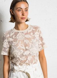 Please - Top col rond à motif floral - Taille L - Beige