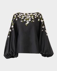 Boat-Neck Floral Embroidered Balloon-Sleeve Top