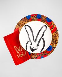 Painted Bunny Embroidered Dinner Napkin, Red/Gold
